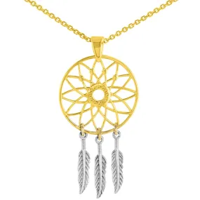 14K Two-Tone Gold Native American Dreamcatcher Charm Pendant Necklace