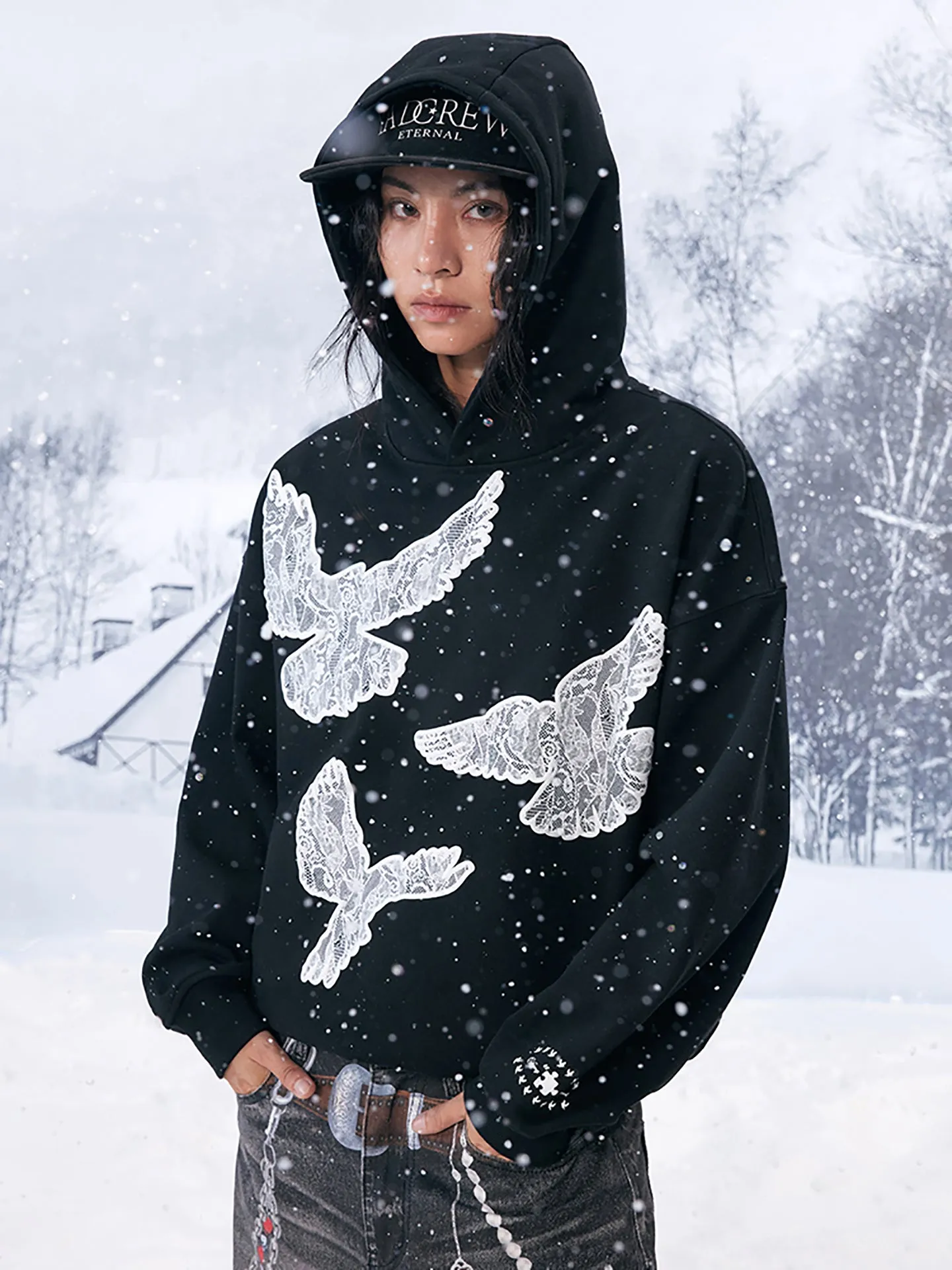 Black Printed Lace Foam Peace Dove Hoodie