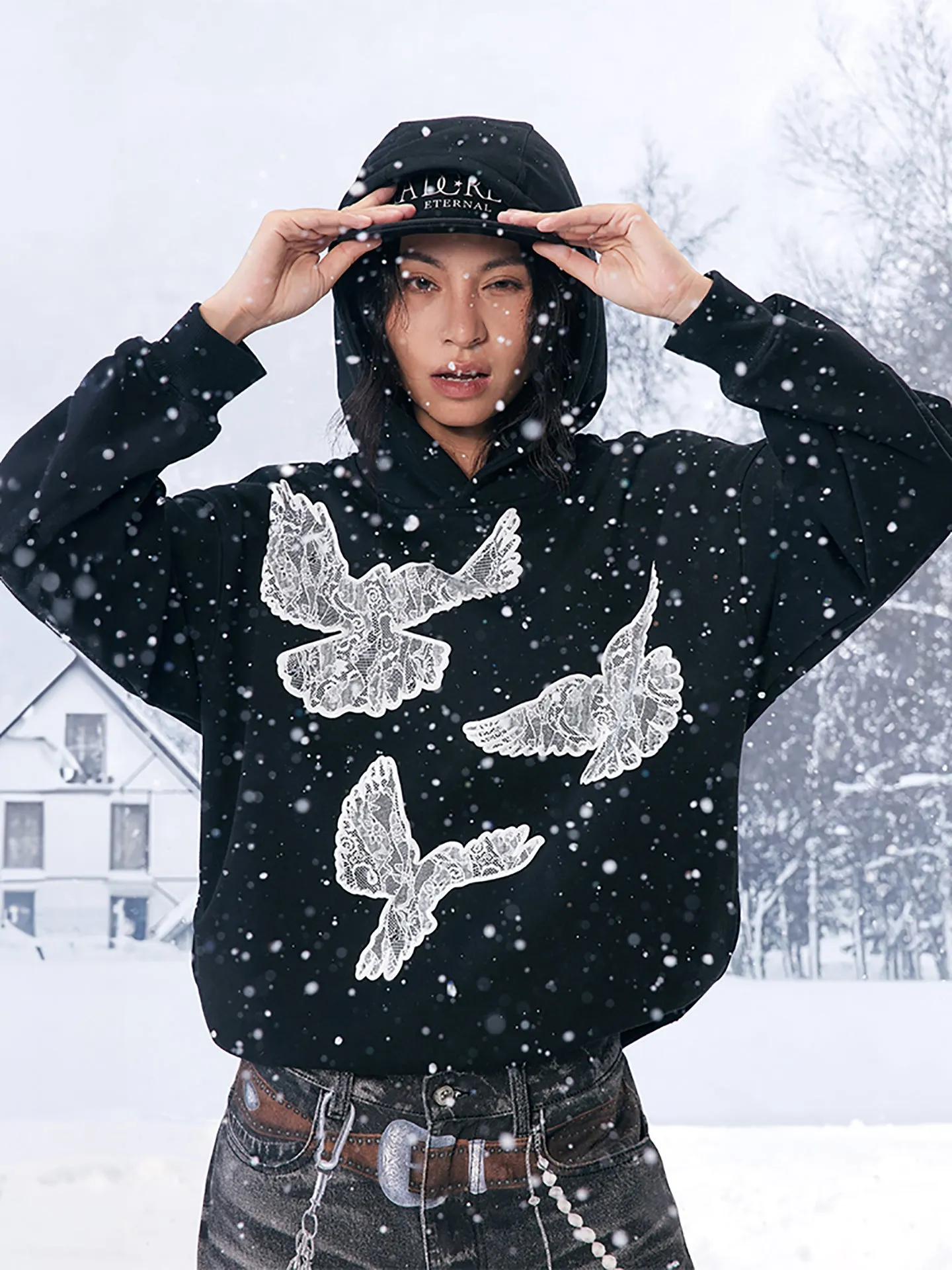 Black Printed Lace Foam Peace Dove Hoodie