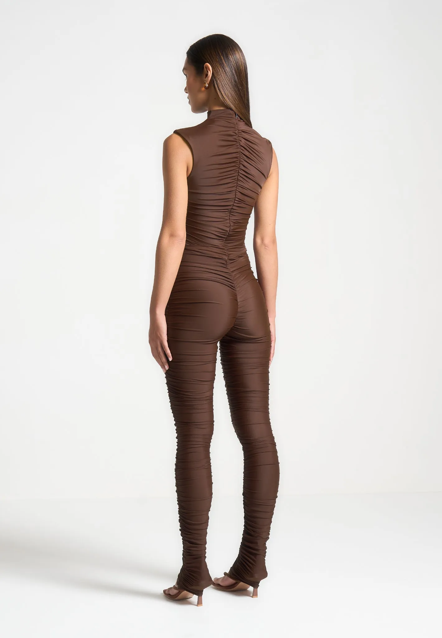 Cap Sleeve Ruched Jumpsuit - Brown