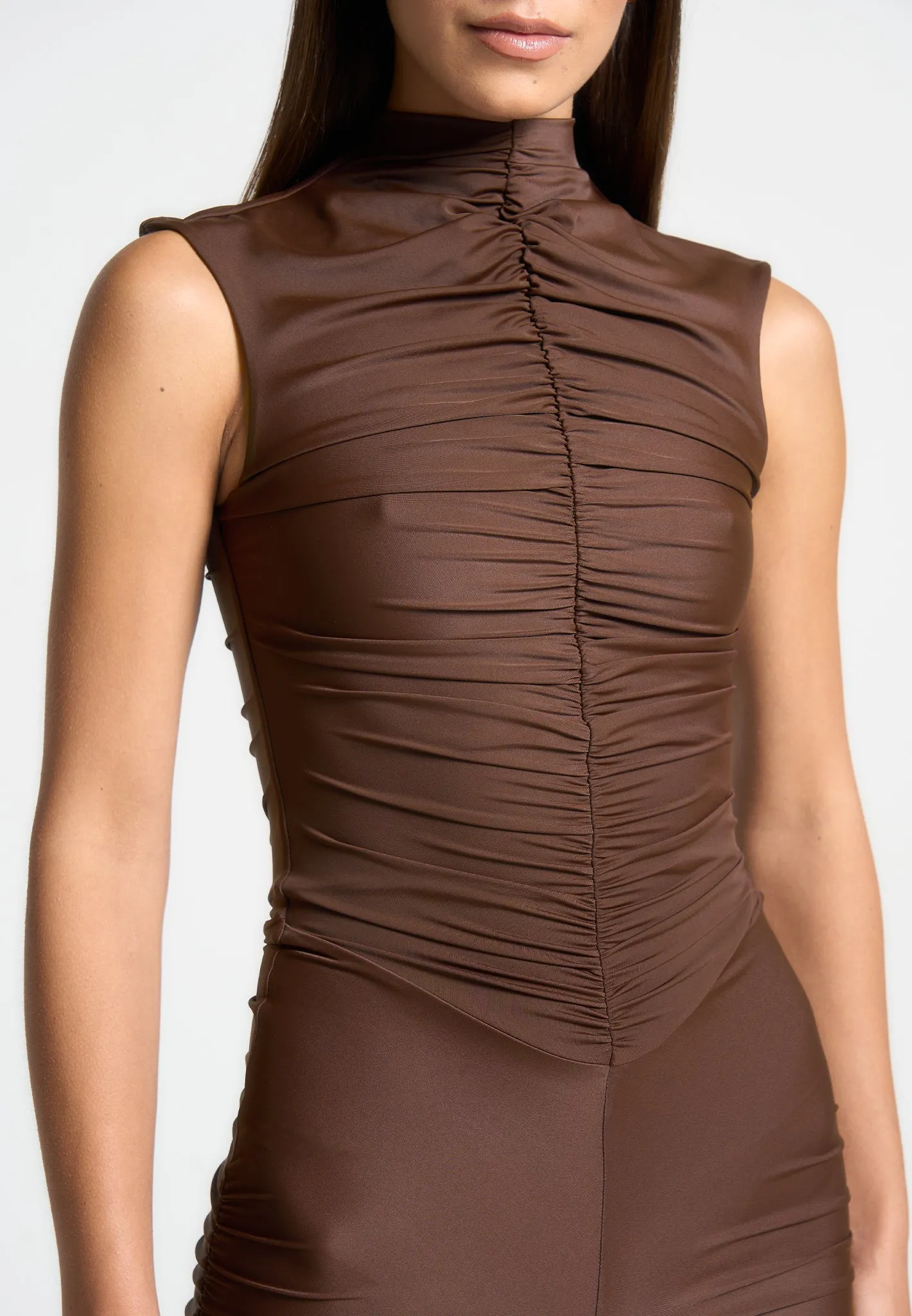 Cap Sleeve Ruched Jumpsuit - Brown