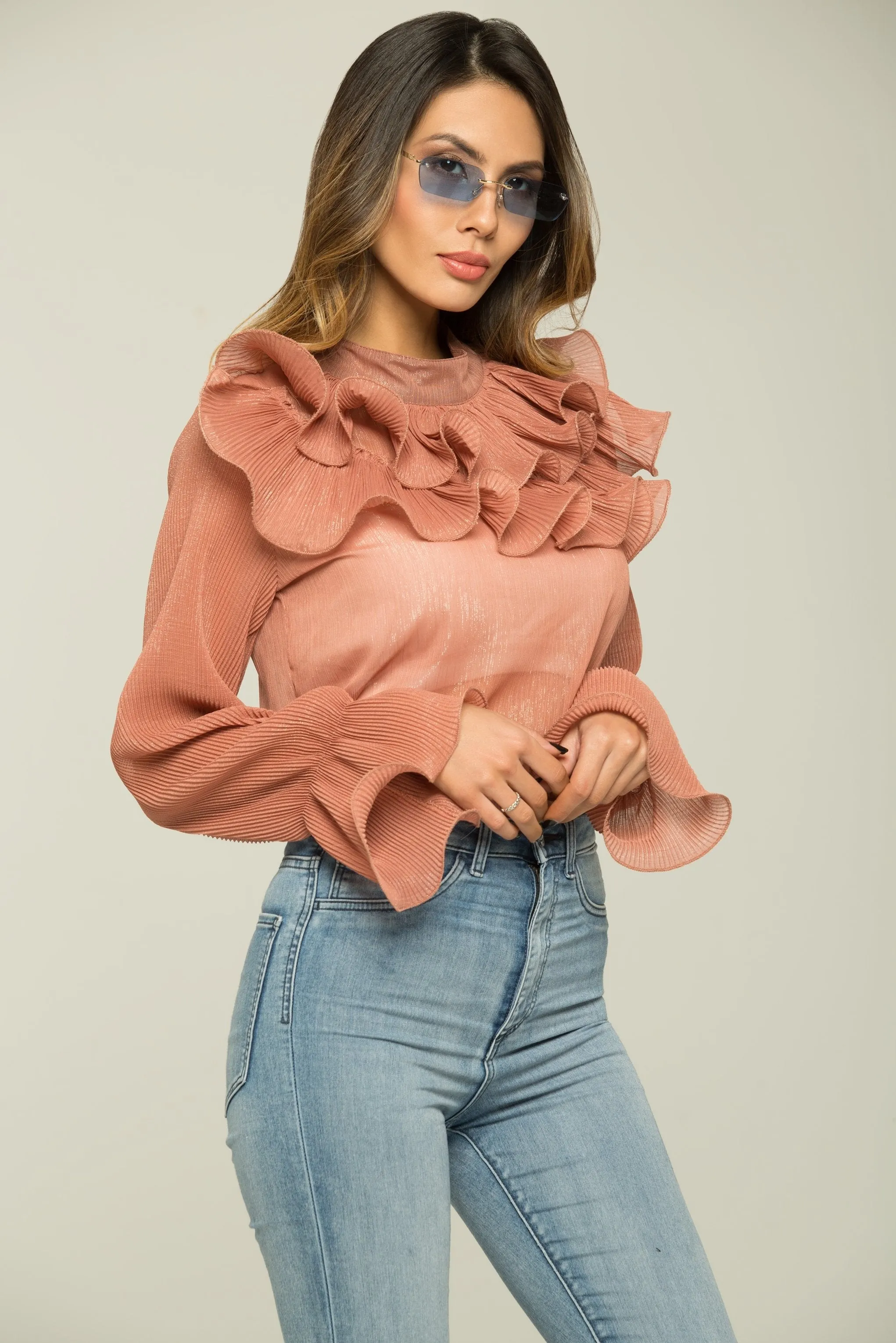 Coral Pink Glimmer Ruffled Top