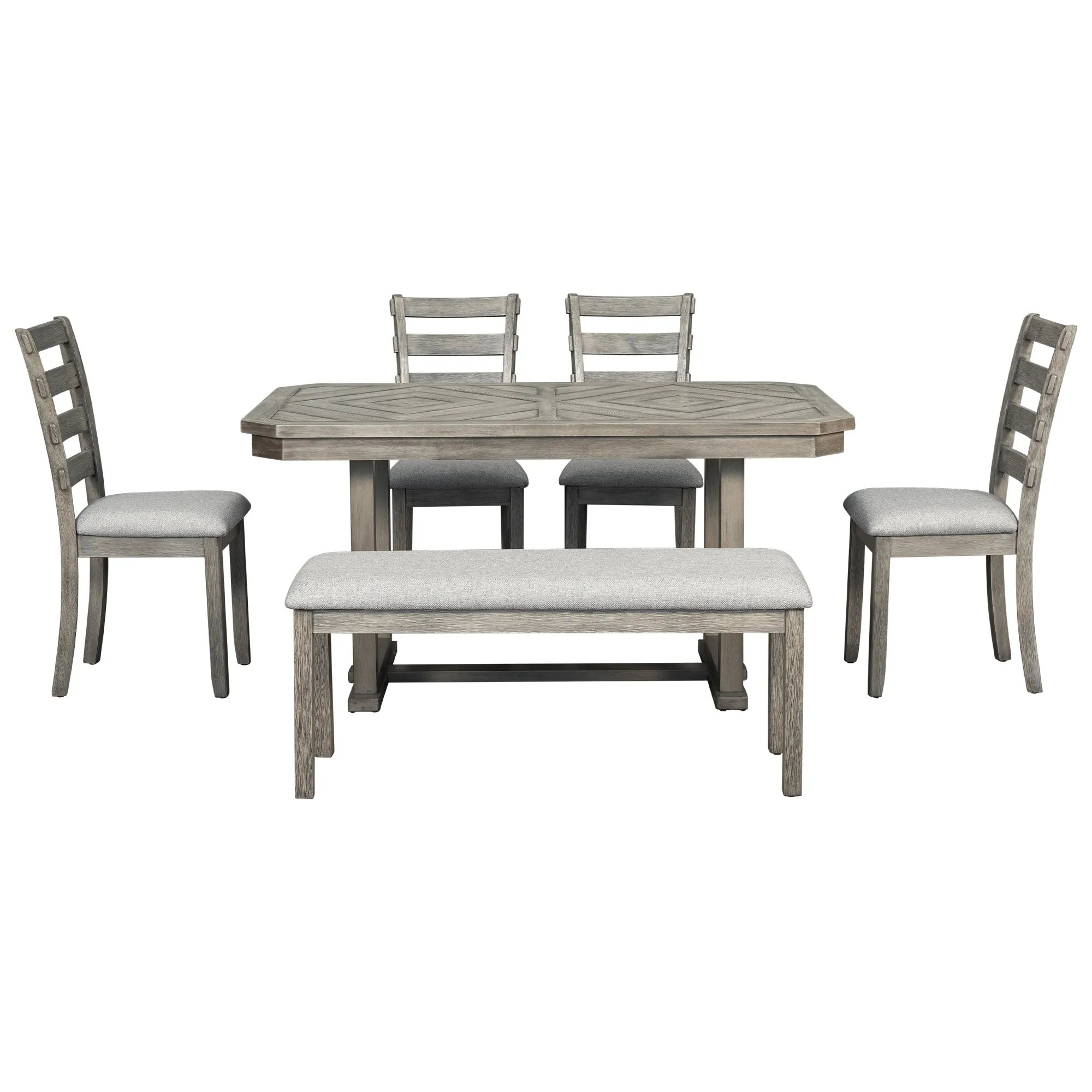 Dao 6pc Dining Set Solid Wood Table 4x Side Chairs And Bench - Gray