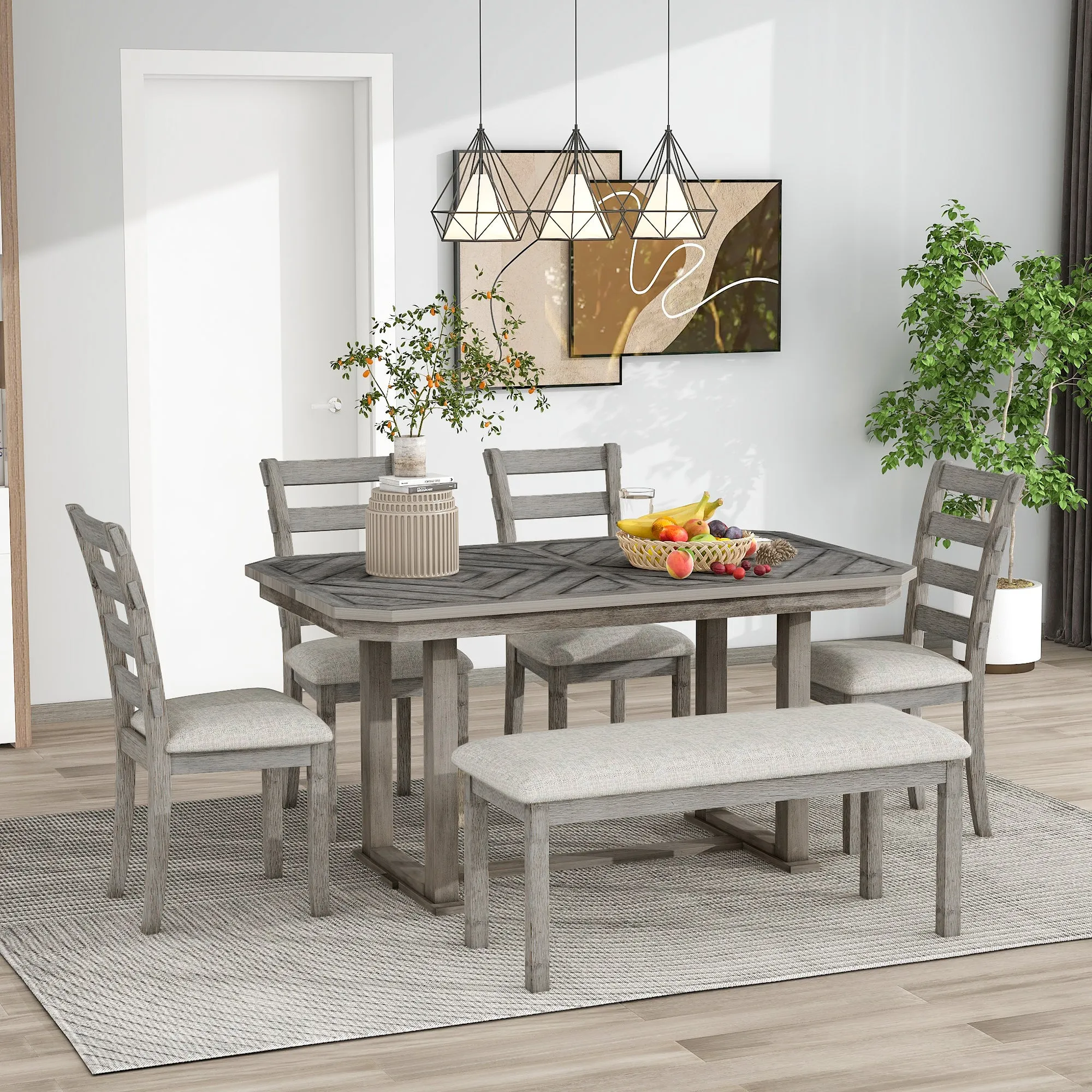 Dao 6pc Dining Set Solid Wood Table 4x Side Chairs And Bench - Gray