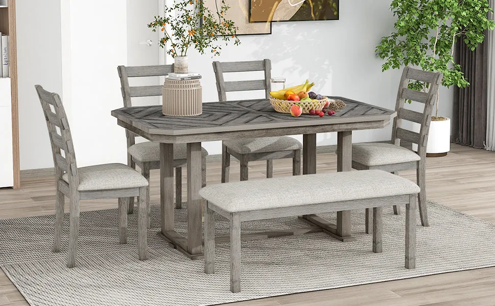 Dao 6pc Dining Set Solid Wood Table 4x Side Chairs And Bench - Gray