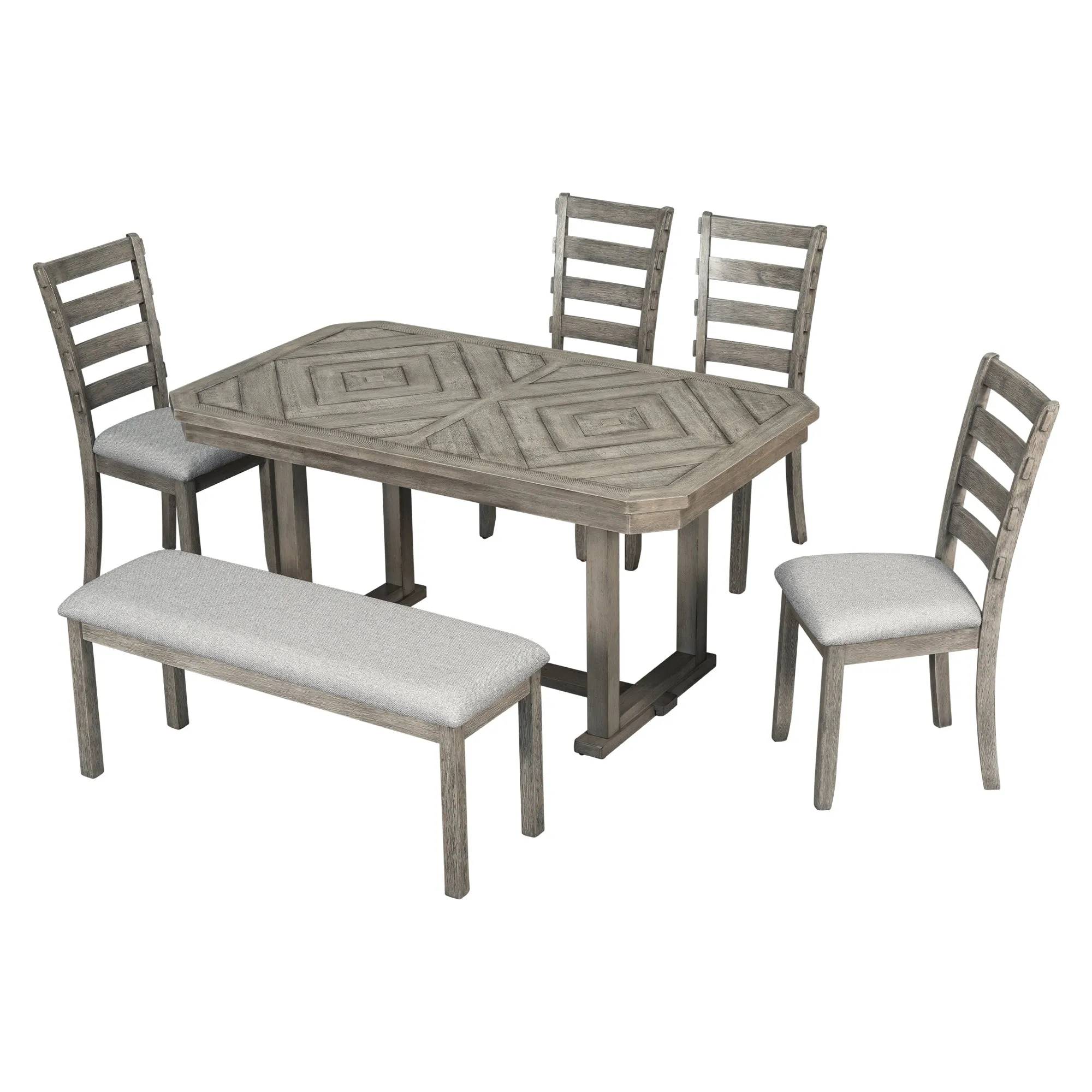 Dao 6pc Dining Set Solid Wood Table 4x Side Chairs And Bench - Gray