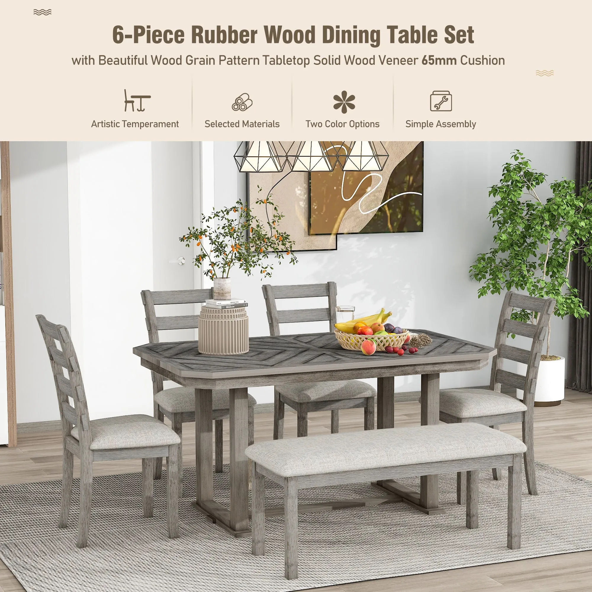 Dao 6pc Dining Set Solid Wood Table 4x Side Chairs And Bench - Gray