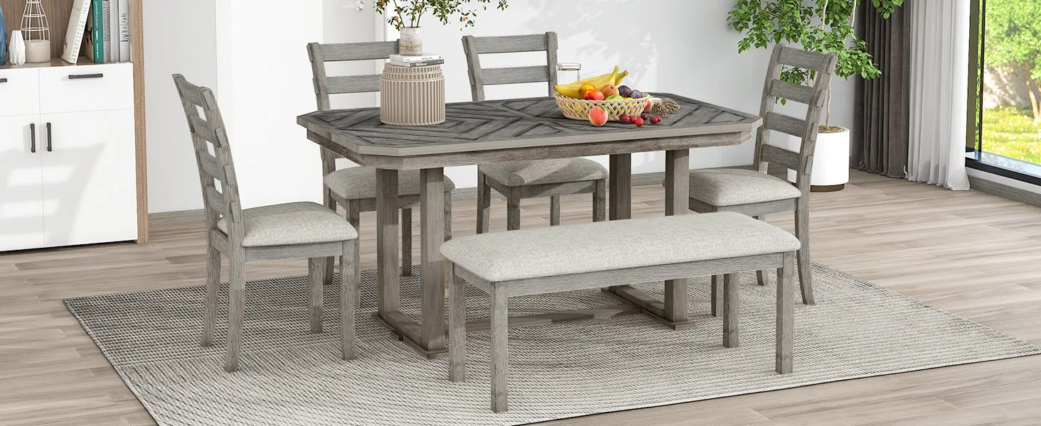 Dao 6pc Dining Set Solid Wood Table 4x Side Chairs And Bench - Gray