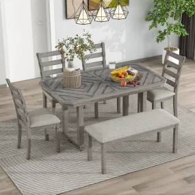 Dao 6pc Dining Set Solid Wood Table 4x Side Chairs And Bench - Gray