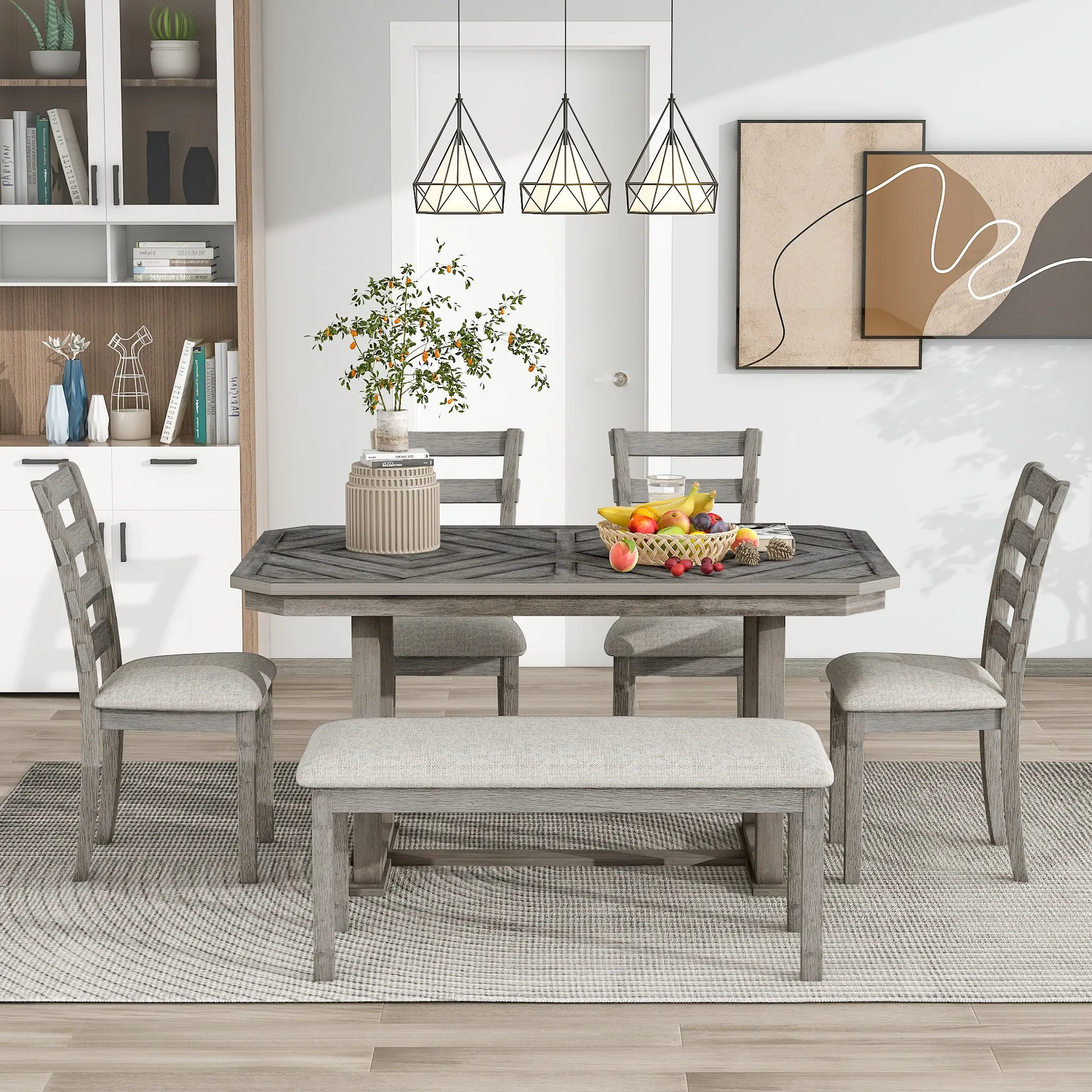 Dao 6pc Dining Set Solid Wood Table 4x Side Chairs And Bench - Gray