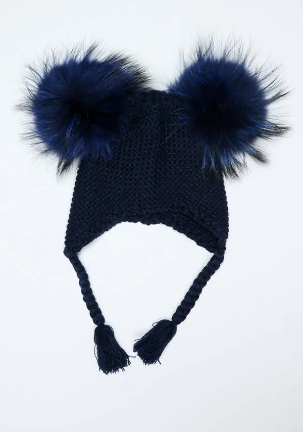 Navy Blue Double Pom Bomber Hat