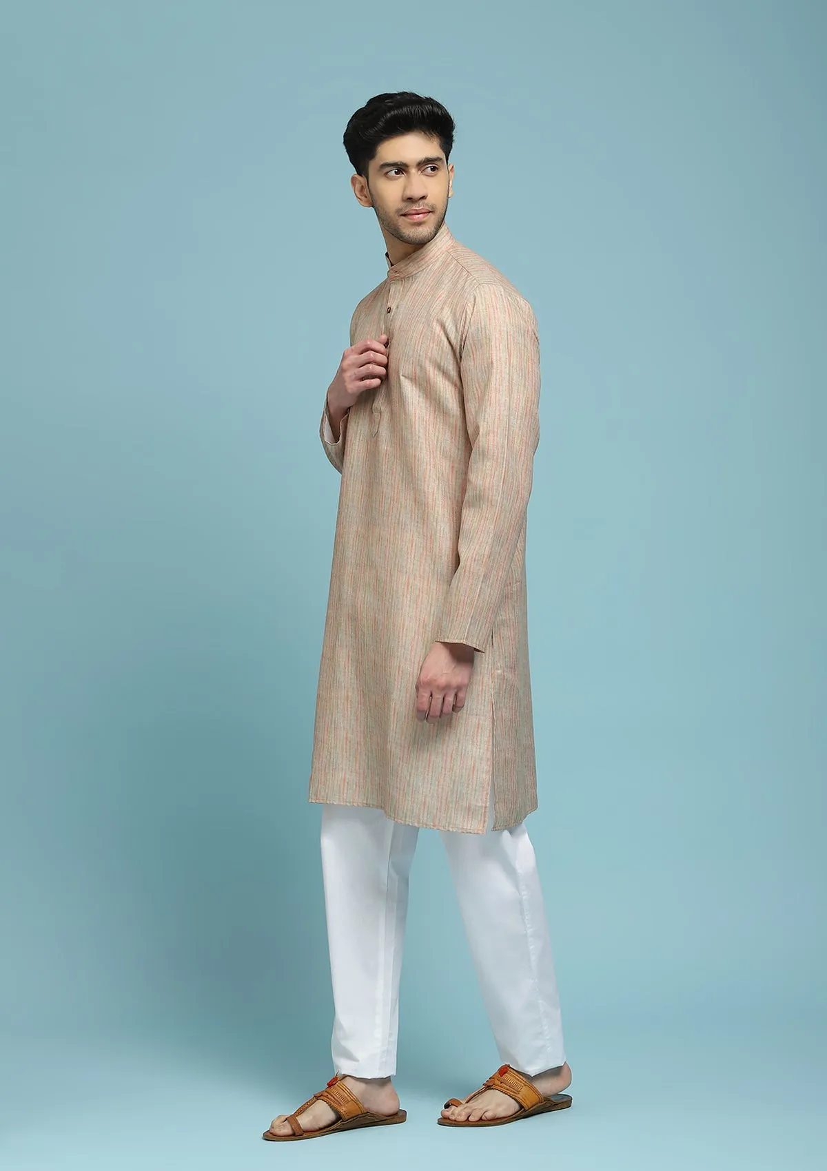 Poly Cotton Printed Men's Long Kurta - Beige