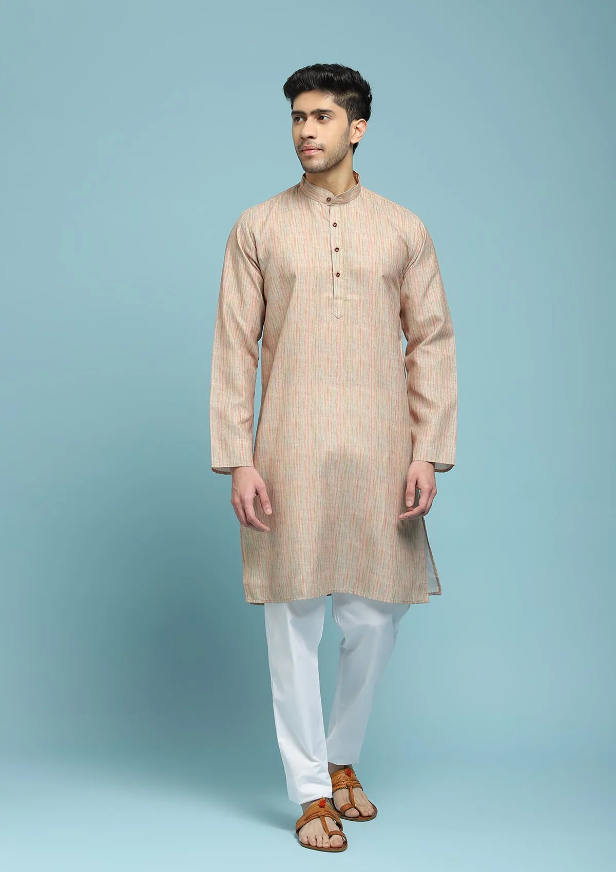 Poly Cotton Printed Men's Long Kurta - Beige