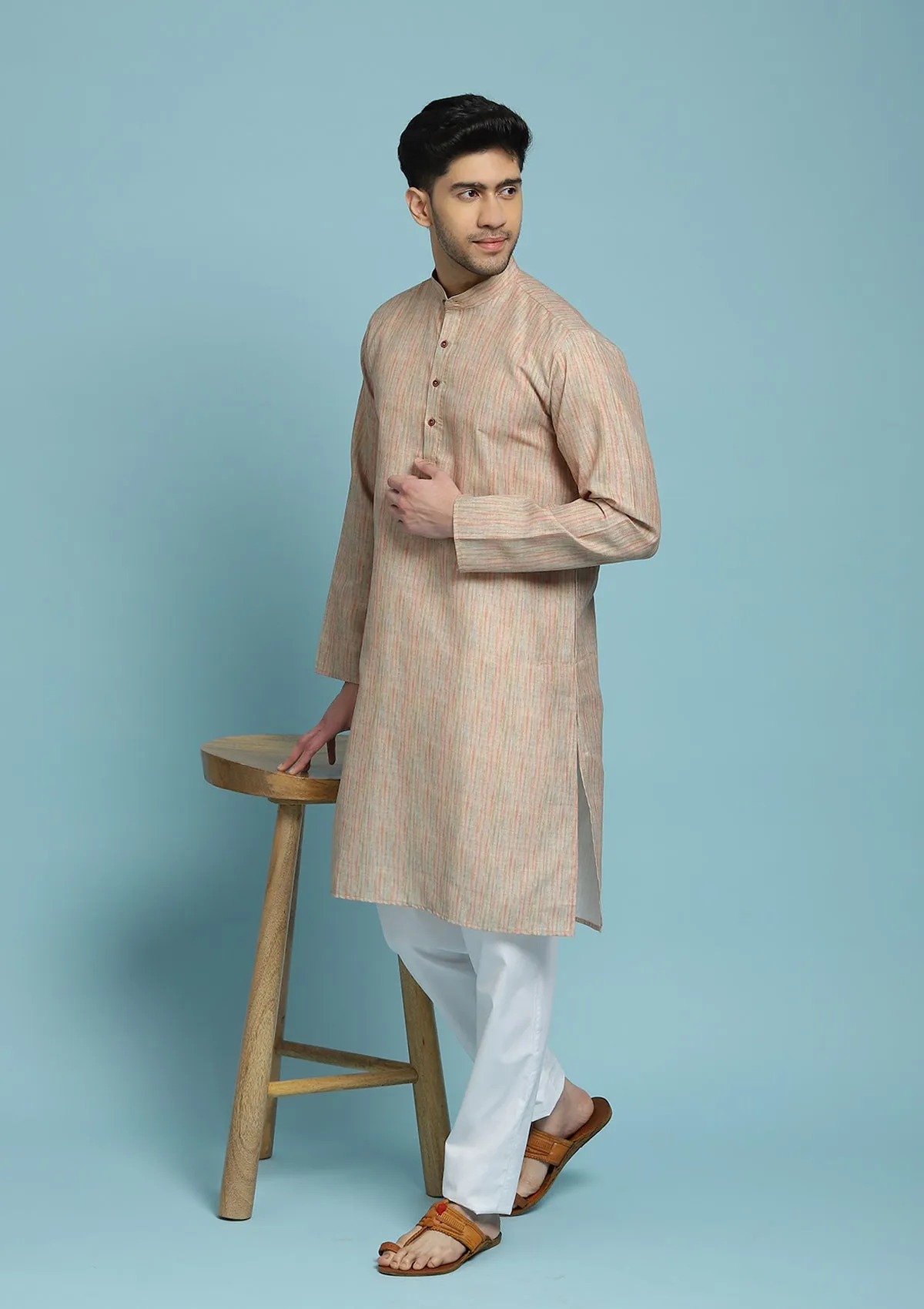 Poly Cotton Printed Men's Long Kurta - Beige