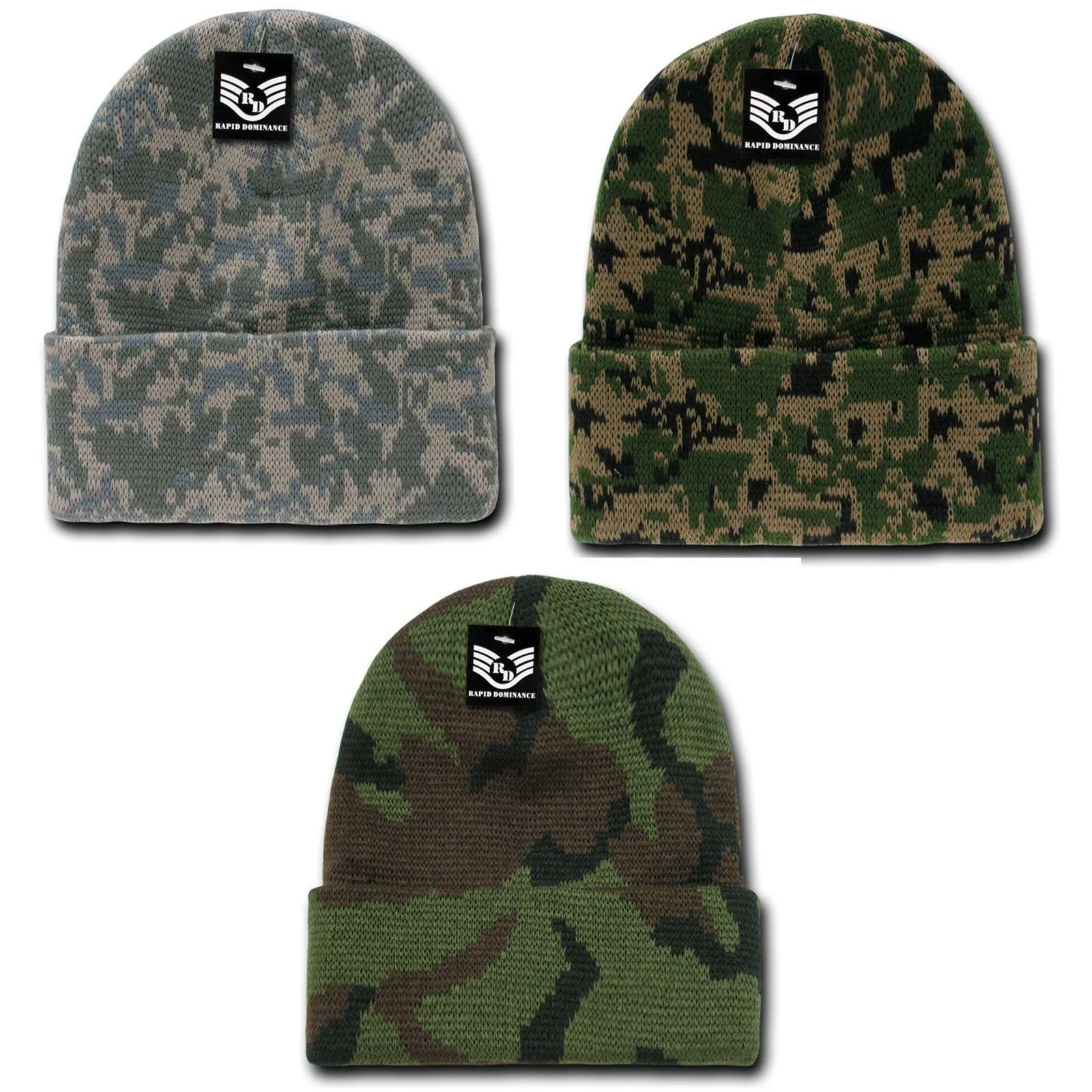 Rapid Dominance 1 Dozen Military Camouflage Cuffed Beanies Knit Watch Caps Wholesale